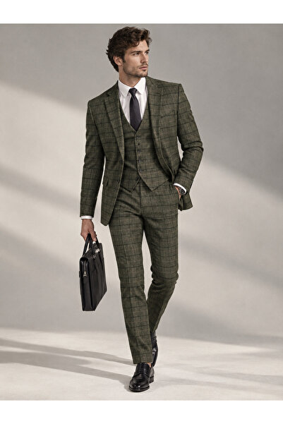 Generic Men's Luxury Style Olive Green & Gray 3-Piece Suit – Tailored Slim Fi...