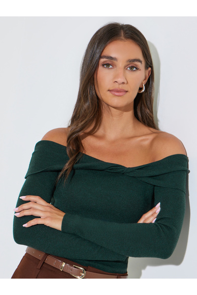 Styli Dark Green Off-Shoulder Neck Ribbed Long Sleeve Top