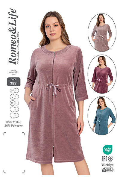 ROMEO LİFE Women's Cotton Velvet Zipper Winter Dress / Dusty Rose 3821