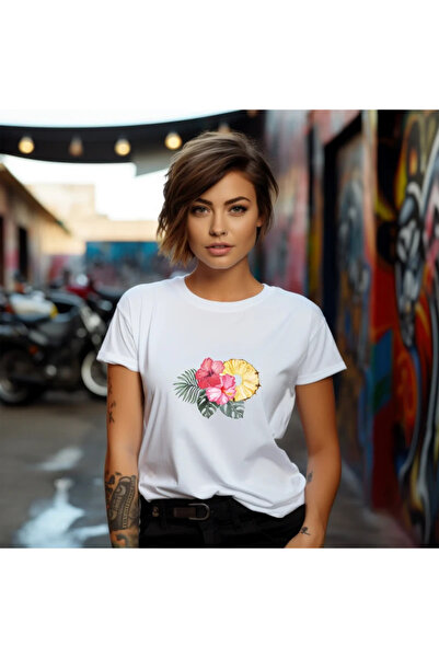 OKTANE Women's t-shirt Pineapple model 6, summer, Fruits, 100% Cotton, white ...