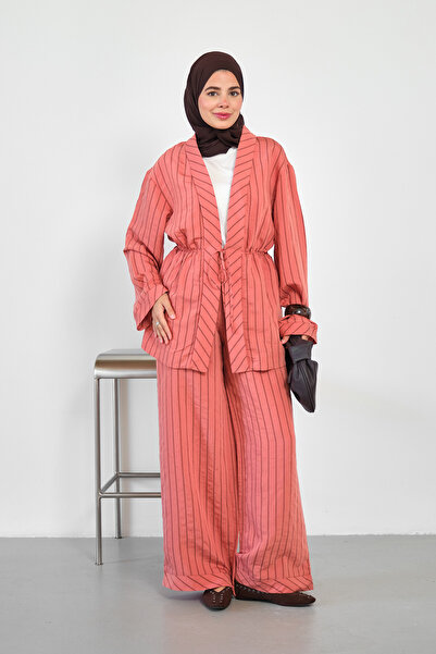 LOCCO Women's Elastic Waist Front Tie Striped Pants Kimono Set Orange