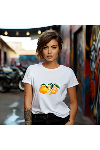 OKTANE Women 't-shirt Oranges model 3, summer, Fruits, 100% Cotton, white col...