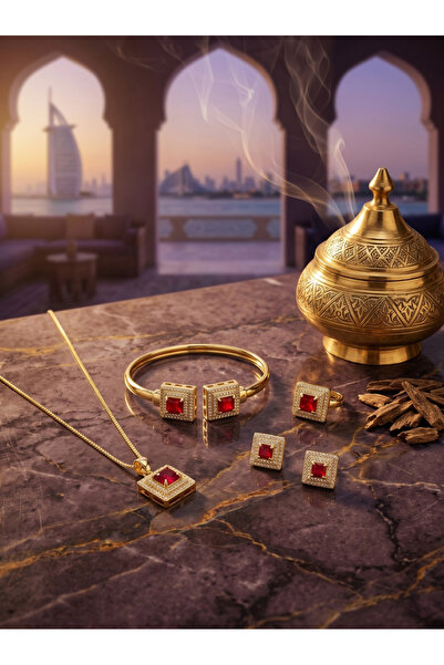 Take Two By Styli طقم مجوهرات فاخر من الذهب والياقوت مكون من 4 قطع: قلادة، سو...