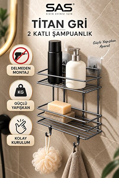 Sas Haus Titan Gri 2 Katlı Yapışkanlı Şampuanlık Delmeden Montaj Metal Banyo Rafı 26 cm