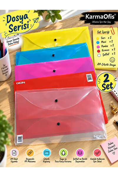 KarmaOfis A4 Snap Fastener File Set – Yellow, Blue, Pink, Red, and Transparen...