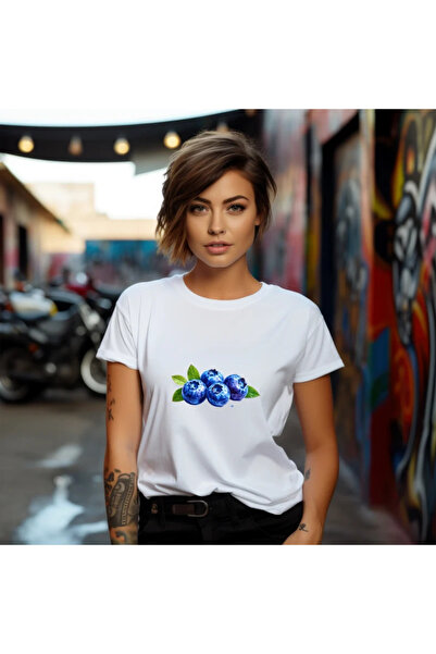 OKTANE Women's t-shirt Blueberries model 4, summer, Fruits, 100% Cotton, whit...