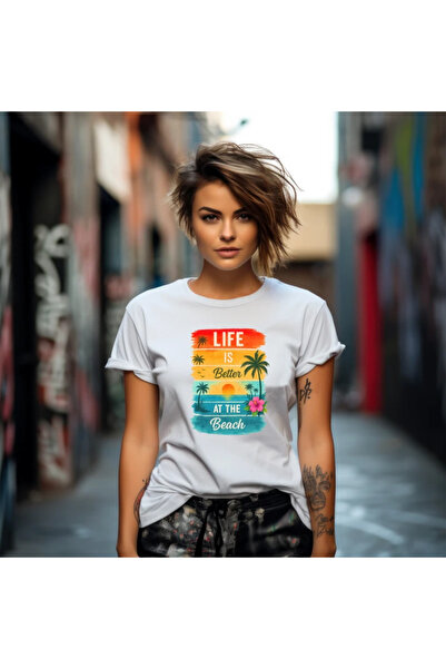 OKTANE Tricou vara Viața e mai bună la plajă portocaliu alb M