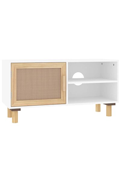 vidaxl Comodă TV, alb, 80x30x40 cm, lemn masiv pin și ratan