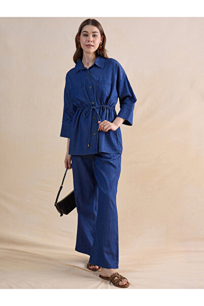 Femmella By Styli Navy Blue Denim Trousers and Top Co-Ord Set