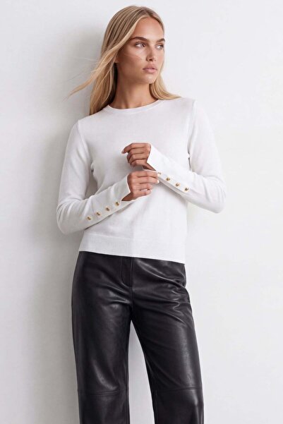 Trend Alaçatı Stili Women's white crew neck gold button detail crospan wool b...