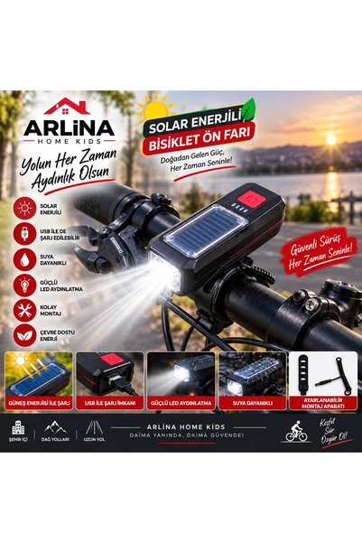 Arlina Home Kids Solar Enerjili Bisiklet Işığı Ön Farı Bisiklet Kornası Su Ge...