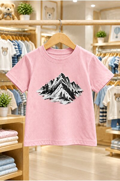 Generic Kids' pink short-sleeve T-shirt with a mountain print and comfortable...