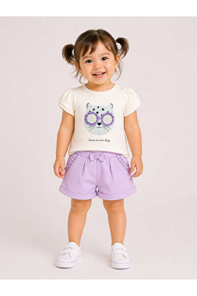 Victor and Jane By Styli Bear Graphic Top and Lilac Bow Shorts Set