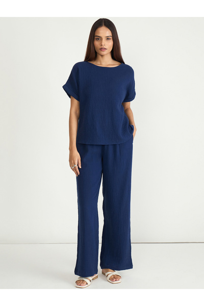 Femmella By Styli Navy Blue Cotton Trousers and Top Set