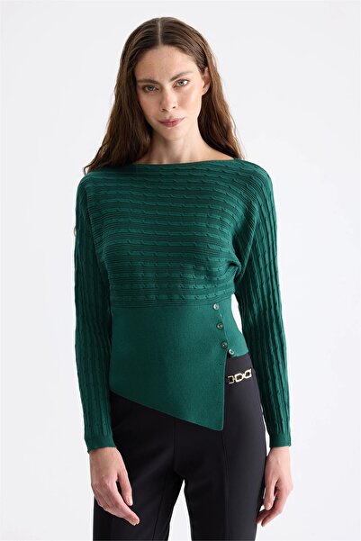 ON Women's Boat Neck Ornamented Buttoned Knitwear Sweater 15356 Nefti