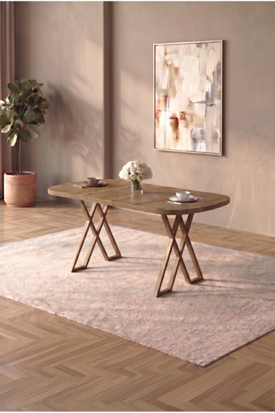 asaella mobilya Hooli 90x168 Traverten MDF Yemek Masası, Metal X Ayaklı, Sabit, Mutfak Masası ve Yemek Odası Masası