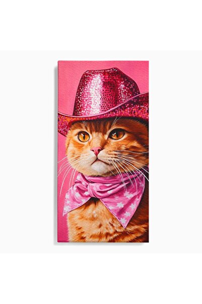 Luxcanva Tablou Canvas Pisica Cu Palarie Roz 50x100 cm pe Sasiu Lemn Pisica P...