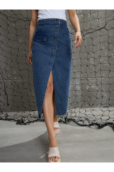 Sassafras By Styli Blue A-Line Button-Front Midi Denim Skirt