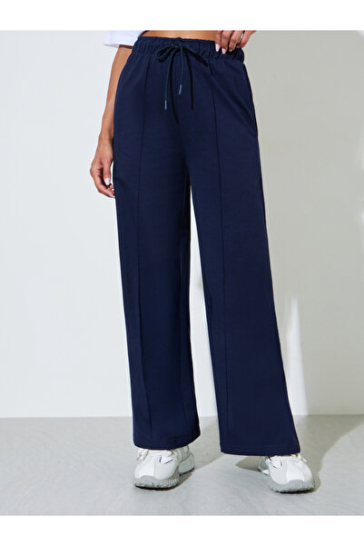 Styli Navy Blue Solid Pintuck Details Wide Leg Joggers
