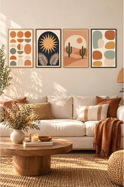 ZURİ DESİGN Boho Tablo Seti Çerçeve Görünümlü MDF Duvar Tablosu Terracotta So...