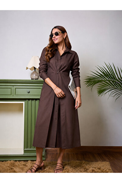 Femmella By Styli فستان ميدي بني اللون بأكمام طويلة
