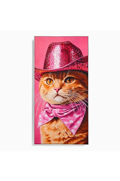 Luxcanva Tablou Canvas Pisica Cu Palarie Roz 50x100 cm cu Rama Argintiu Pisic...