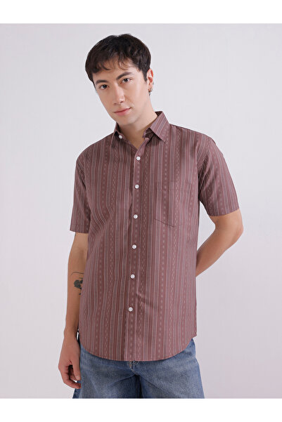 TAHVO By Styli Maroon Striped Spread Collar Shirt