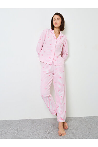 Take Two By Styli Pink Striped Bow Print Pajama Set with Long Sleeve and Stra...