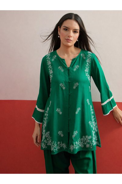 Sassafras By Styli Green Embroidered Button Down Kurti and Pharsi Salwar Set