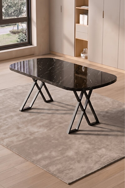 asaella mobilya Hooli 90x168 Traverten MDF Yemek Masası, Metal X Ayaklı, Sabi...