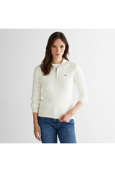 Gant Kadın Beyaz Regular Fit Yarım Fermuarlı Triko