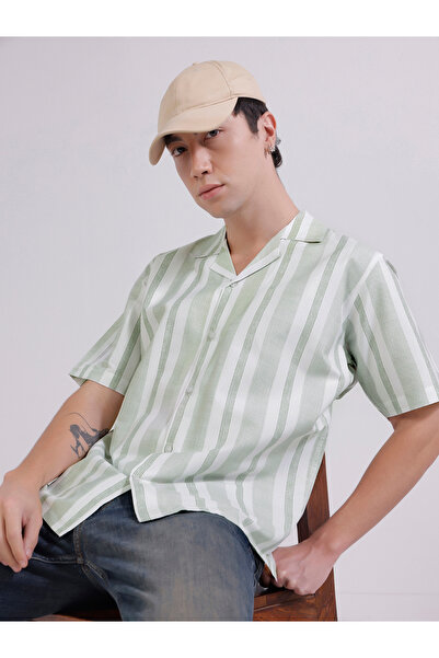 TAHVO By Styli Green Striped Camp Collar Shirt