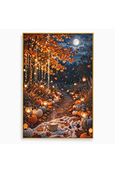 Luxcanva Tablou Canvas Aleea De Toamna 50x70 cm cu Rama Auriu Lumini Lanterne...