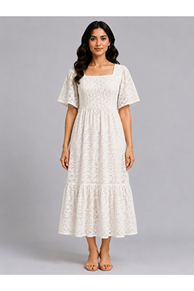 HOUSE OF RAELI By Styli White Self-Design Midi Dress with Short Sleeves