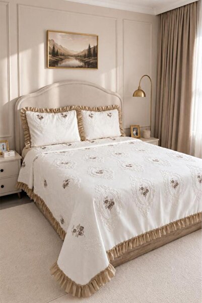Çeyiz Diyarı Ruffle Gardenlove Embroidered Chenille 3 Piece Double Bedspread ...
