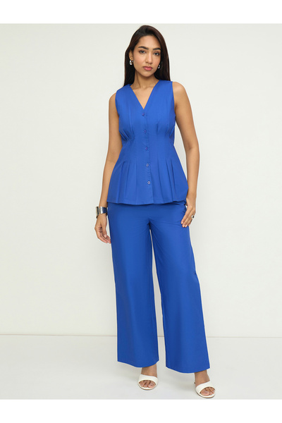 Femmella By Styli CrispCotton Royal Blue Pleated Co-ord Set