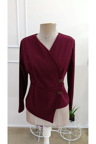 pazarella Women's long sleeve, double-breasted, button-down crepe blouse with asymmetrical hem detail (imported)
