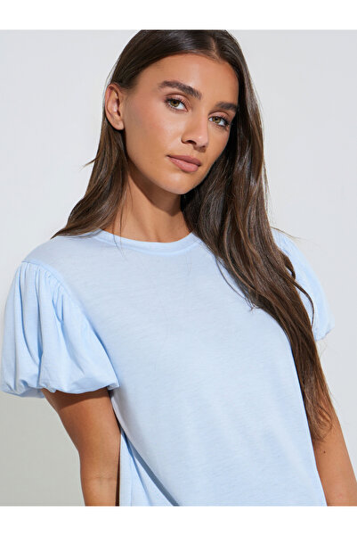 Styli Blue Solid Puff Sleeve Regular Fit T-shirt