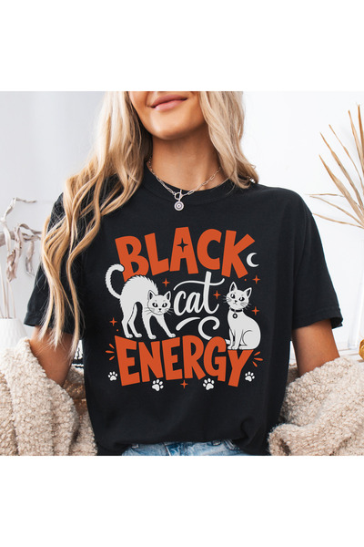Black Cat Energy Oversize Kadın Tişört Sarkastik Halloween Tişört