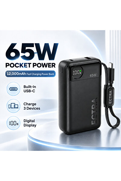 EqiEch بنك طاقة بسعة 12000 مللي أمبير وقوة 65 واط، مع كابل USB-C مدمج، ومنافذ...