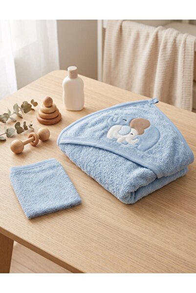MiniKids Prosop de baie, mama si bebe elefant, blue