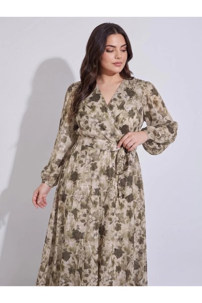 Styli Plus Size Multi-Color Floral Print Tie-Up Waist A-Line Maxi Dress