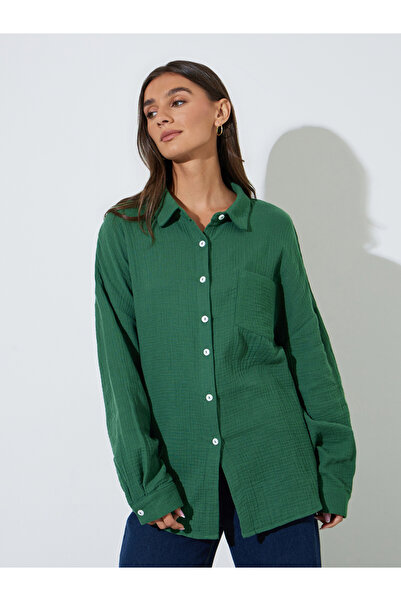 Styli Green Solid Long Sleeves Oversized Shirt