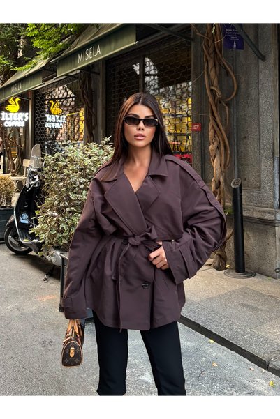 MODAMERSİ Women's Brown Double Button Oversized Short Trench Coat with Tie Detail