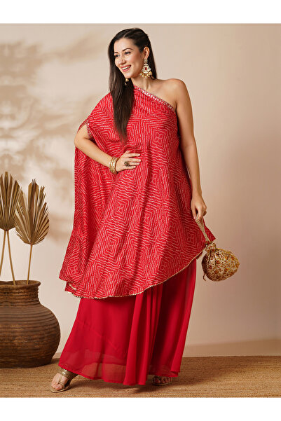Globus By Styli Globus Red Bandhani One-Shoulder Tunic and Flared Skirt Fusio...