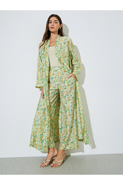 Amirah By Styli Multi-Color All Over Print Open Front Abaya and Wide Leg Trou...