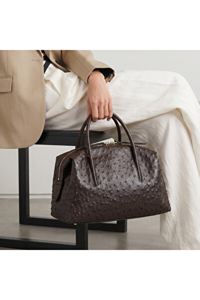 Platin Coffee brown leather ostrich print women's handbag