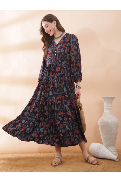 Globus By Styli Navy Blue Floral Rayon A-Line Maxi Dress with V-Neck and Full...