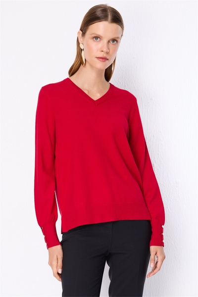 ON Women's V-Neck Basic Knitwear Sweater 10316 Red