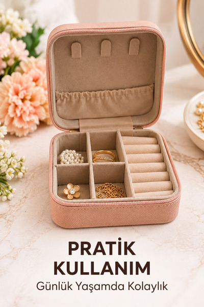 Arfseb Pembe Fermuarlı Bölmeli Takı Kutusu Yüzük, Küpe ve Kolye Seyahat Organizeri 10x10x5 cm